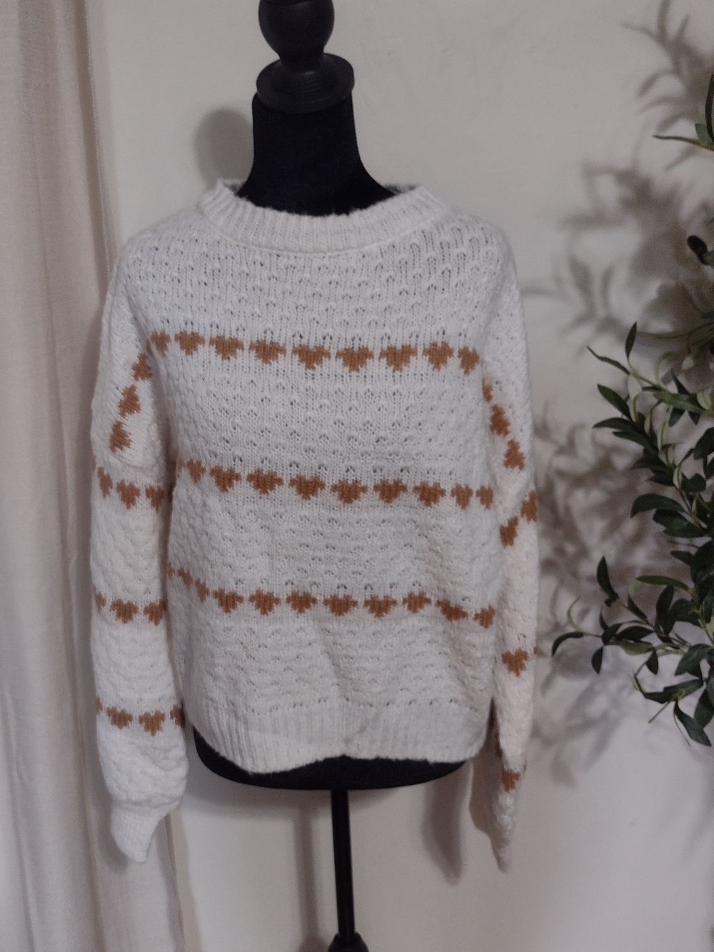 White Crewneck Sweater with Tan Stripe Detail